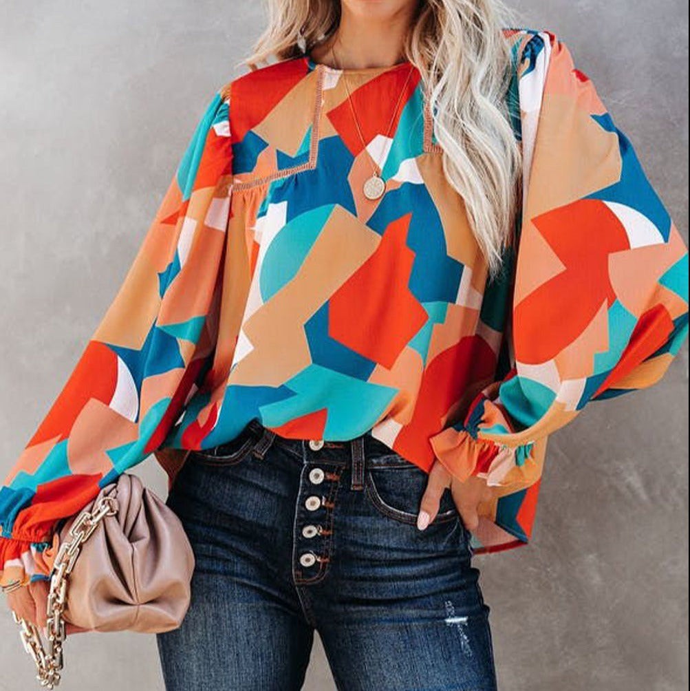 Women's Pretty Bash Abstract Puff Sleeve Blouse - Miss Dressy 