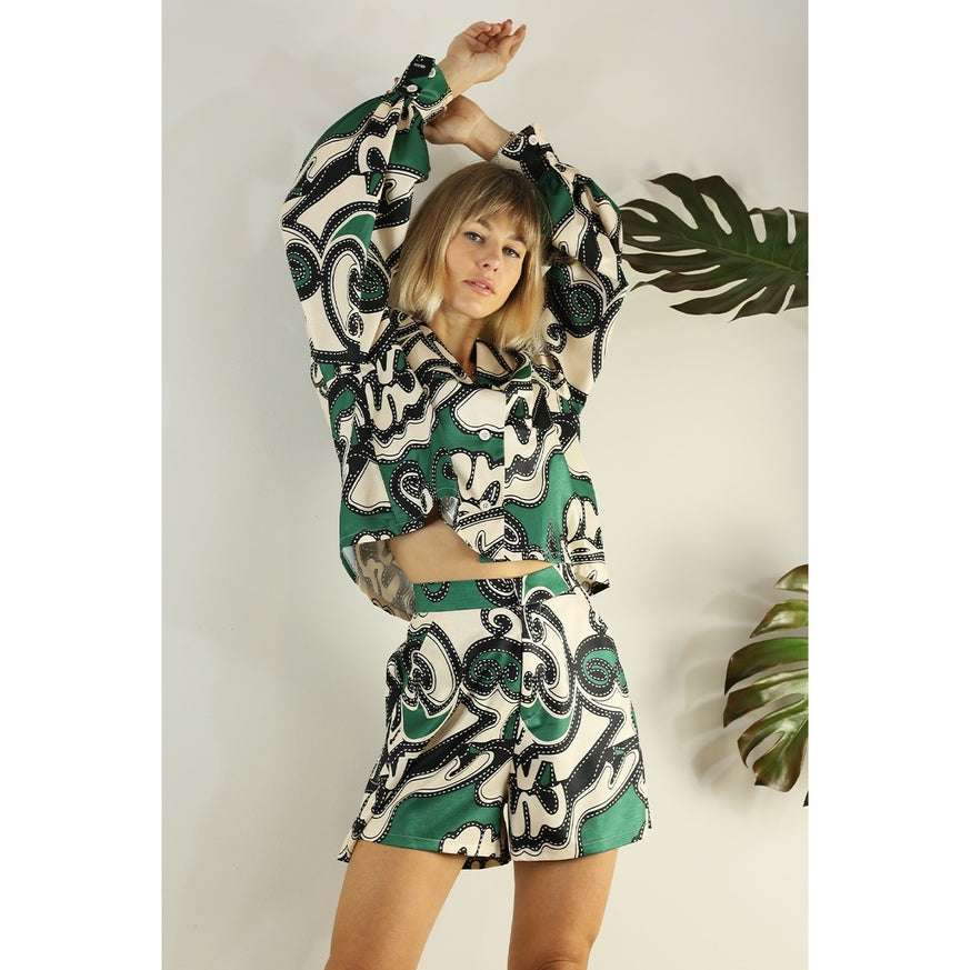 Women's Mulla Green Patterned Shirt & Short Set - Miss Dressy 