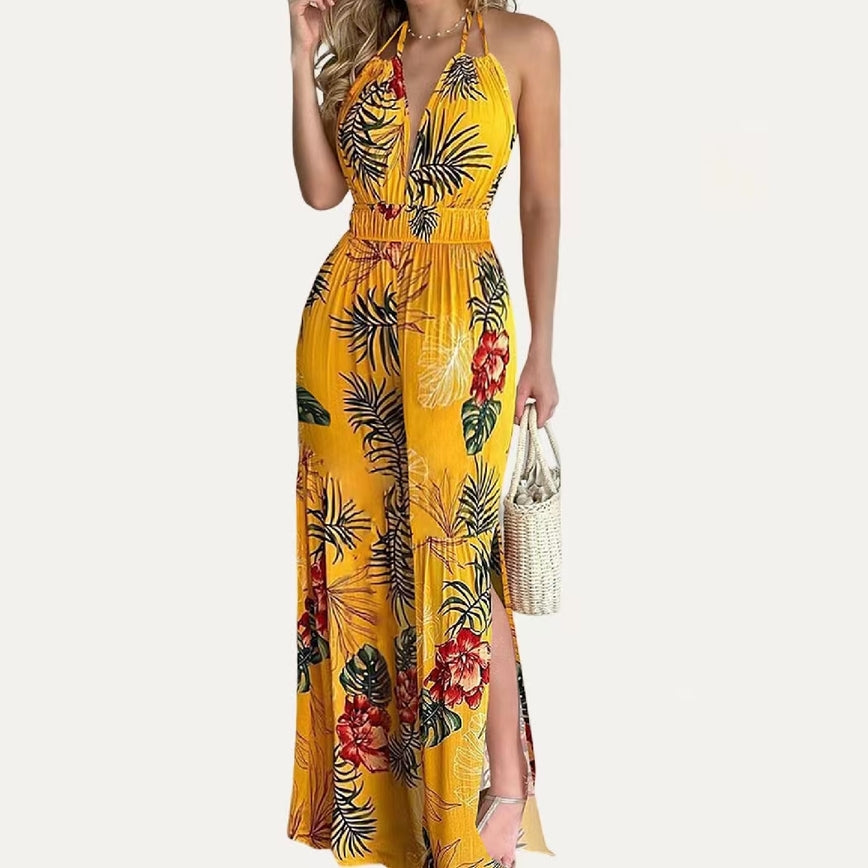 Women’s Tropical Leaf Print Yellow Halter Sleeveless WideLeg Jumpsuit