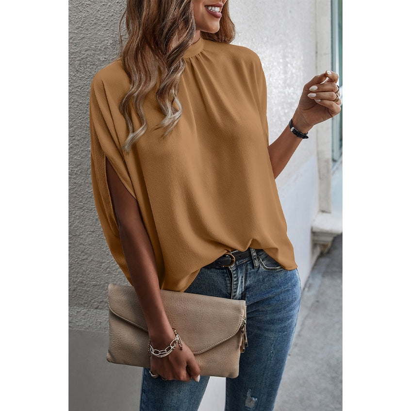 Women's Solid Cape Short Sleeve Loose Top / BROWN