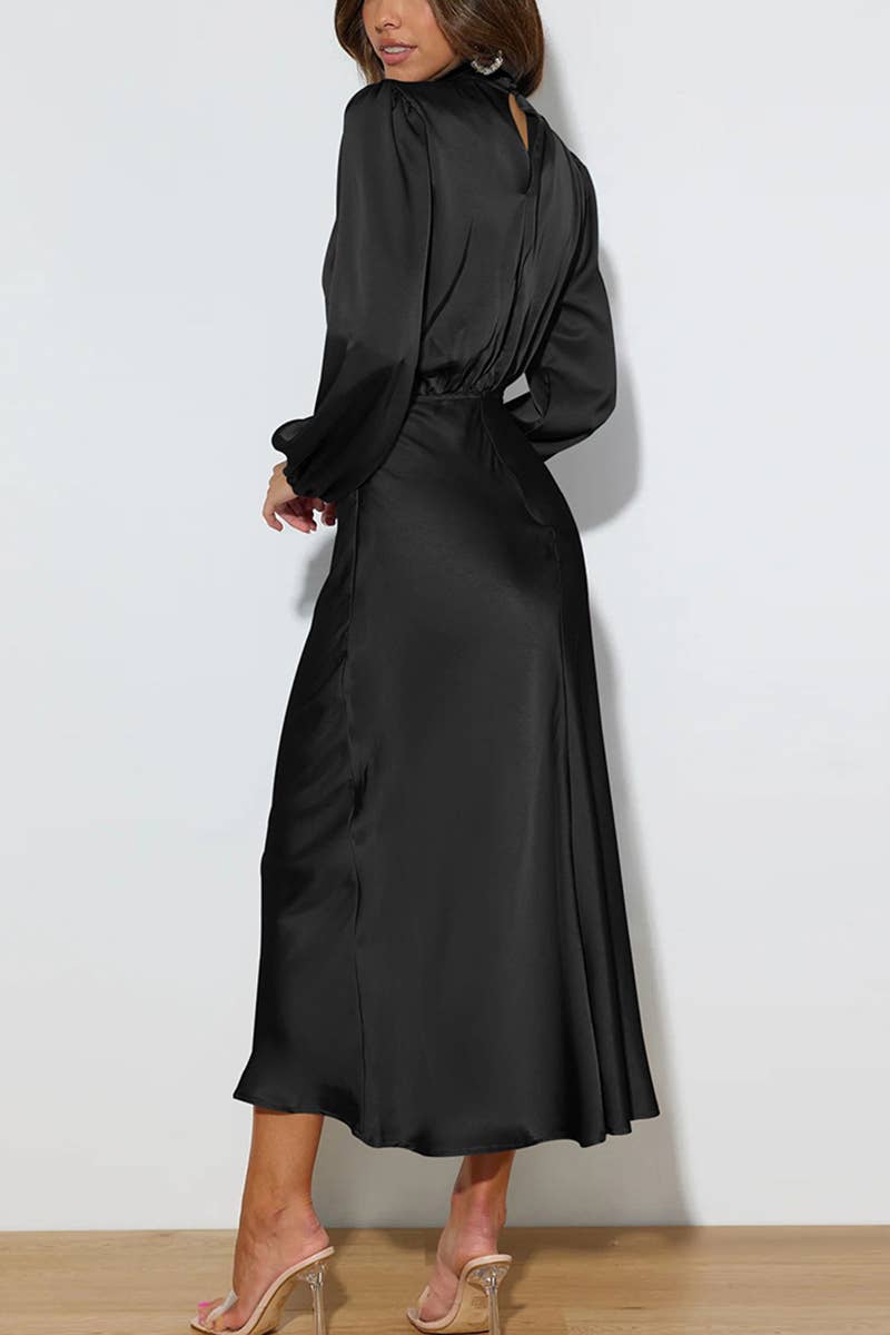 Women's elegant black satin midi dress