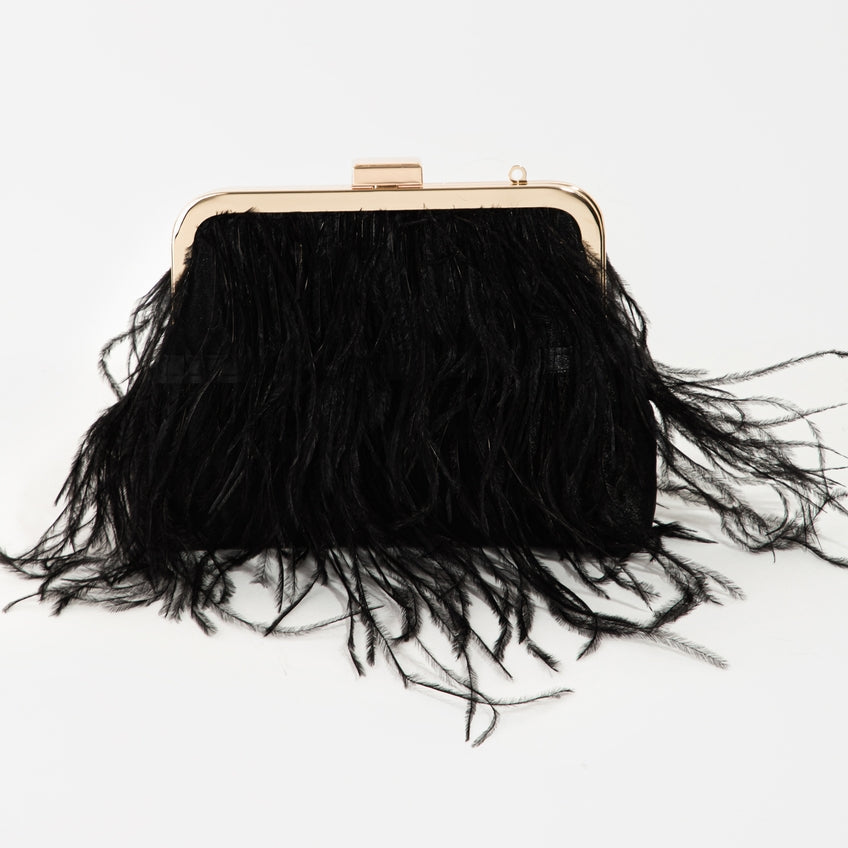 Women's Feather Fringe Clutch Bag / BLACK