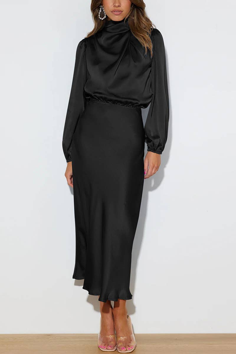 Women's elegant black satin midi dress