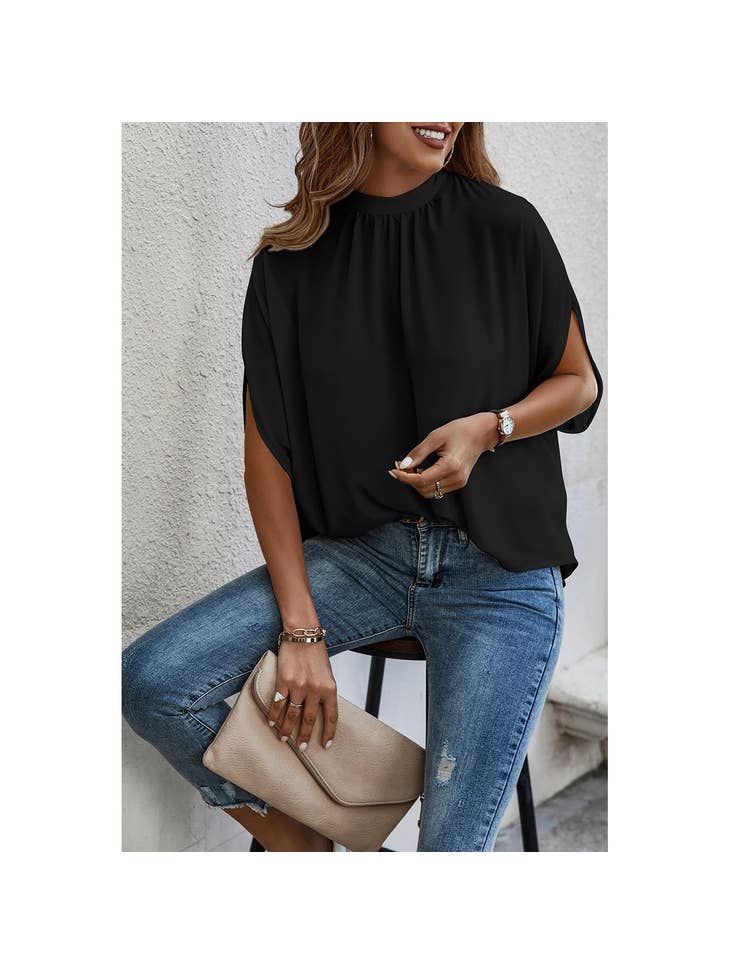 Women's Solid Cape Short Sleeve Loose Top / BLACK