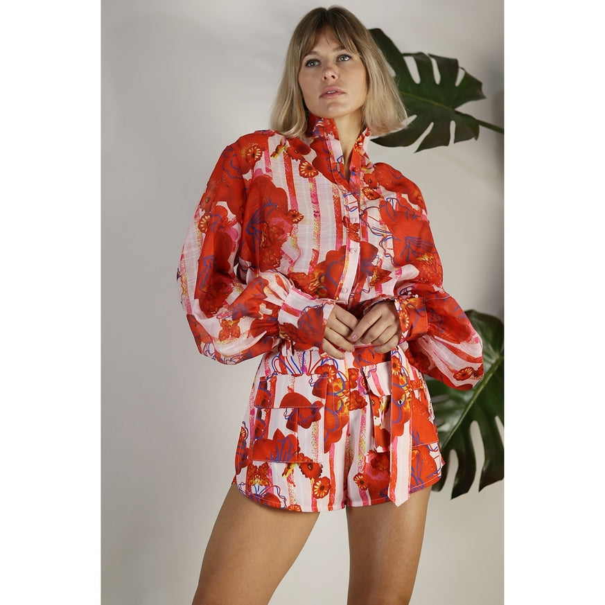 Women's Mulla Oversized Sheer Shirt with Belted Short Set - Miss Dressy 