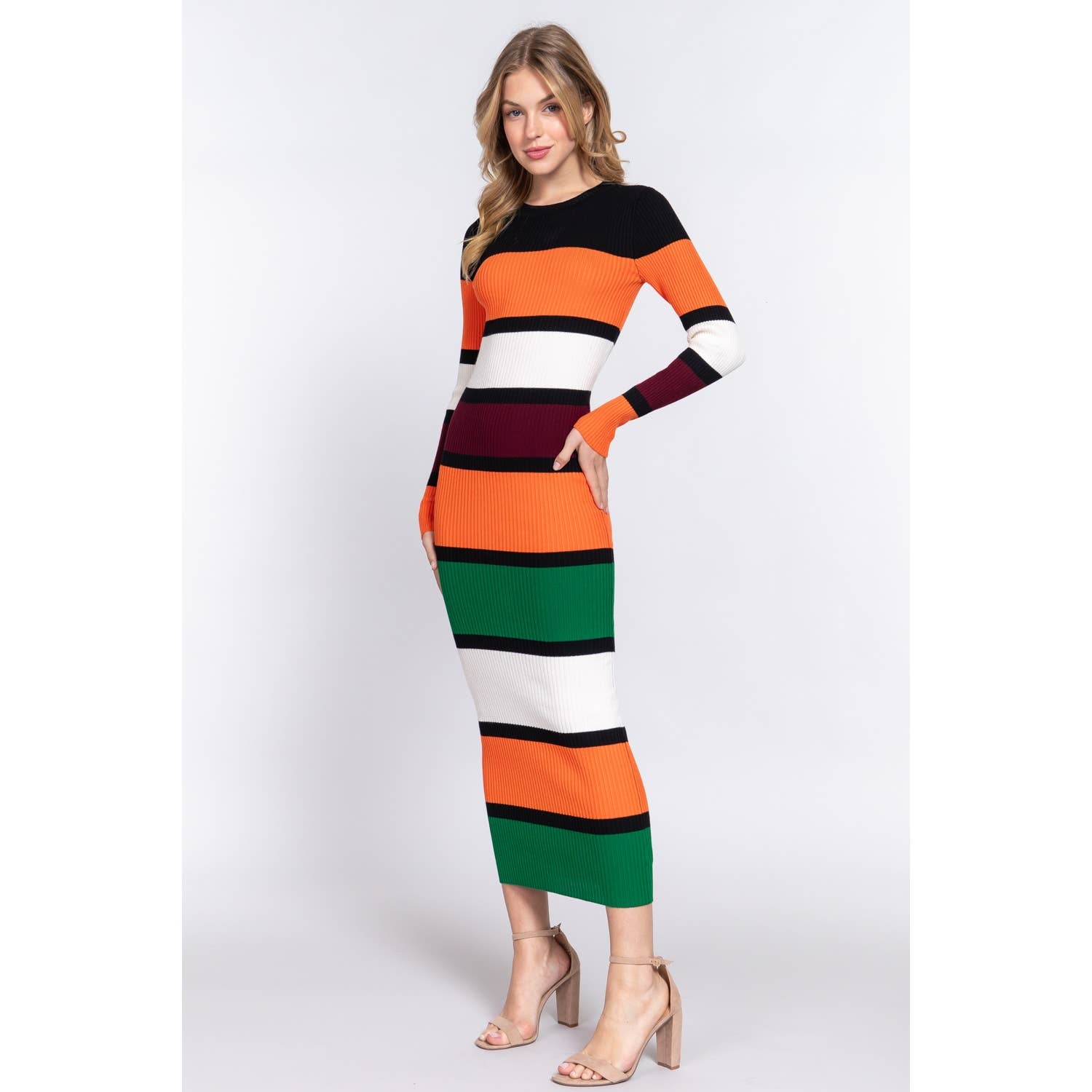 Women's Long Sleeve Midi Color Block Sweater Dress