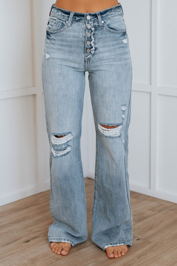 Women's Hiddenbrand Light colored straight tube mid waist ripped jeans - Miss Dressy 
