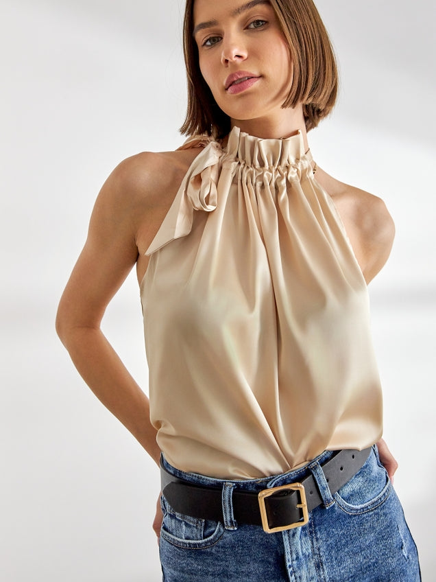 Women's Elisabeth Satin Top with Bow / Champagne