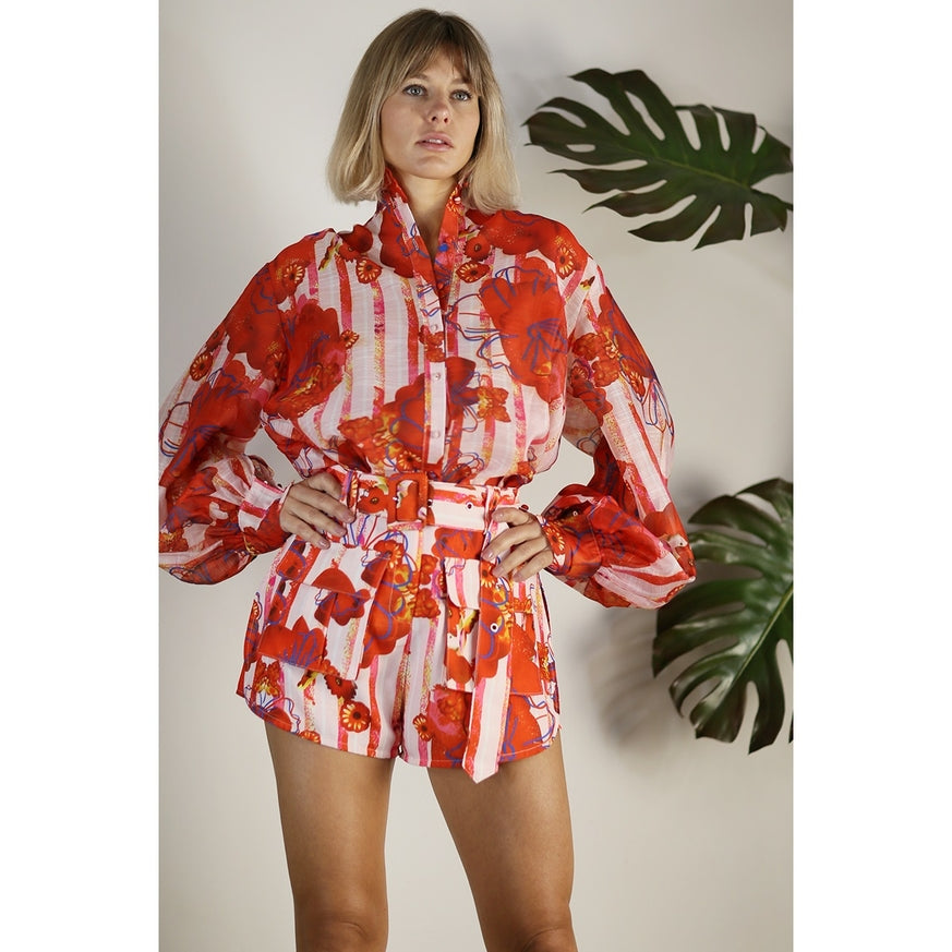 Women's Mulla Oversized Sheer Shirt with Belted Short Set - Miss Dressy 