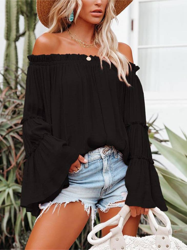 Women's Hiddenbrand Off The Shoulder Long Bell Sleeve Casual Loose Blouse - Miss Dressy 