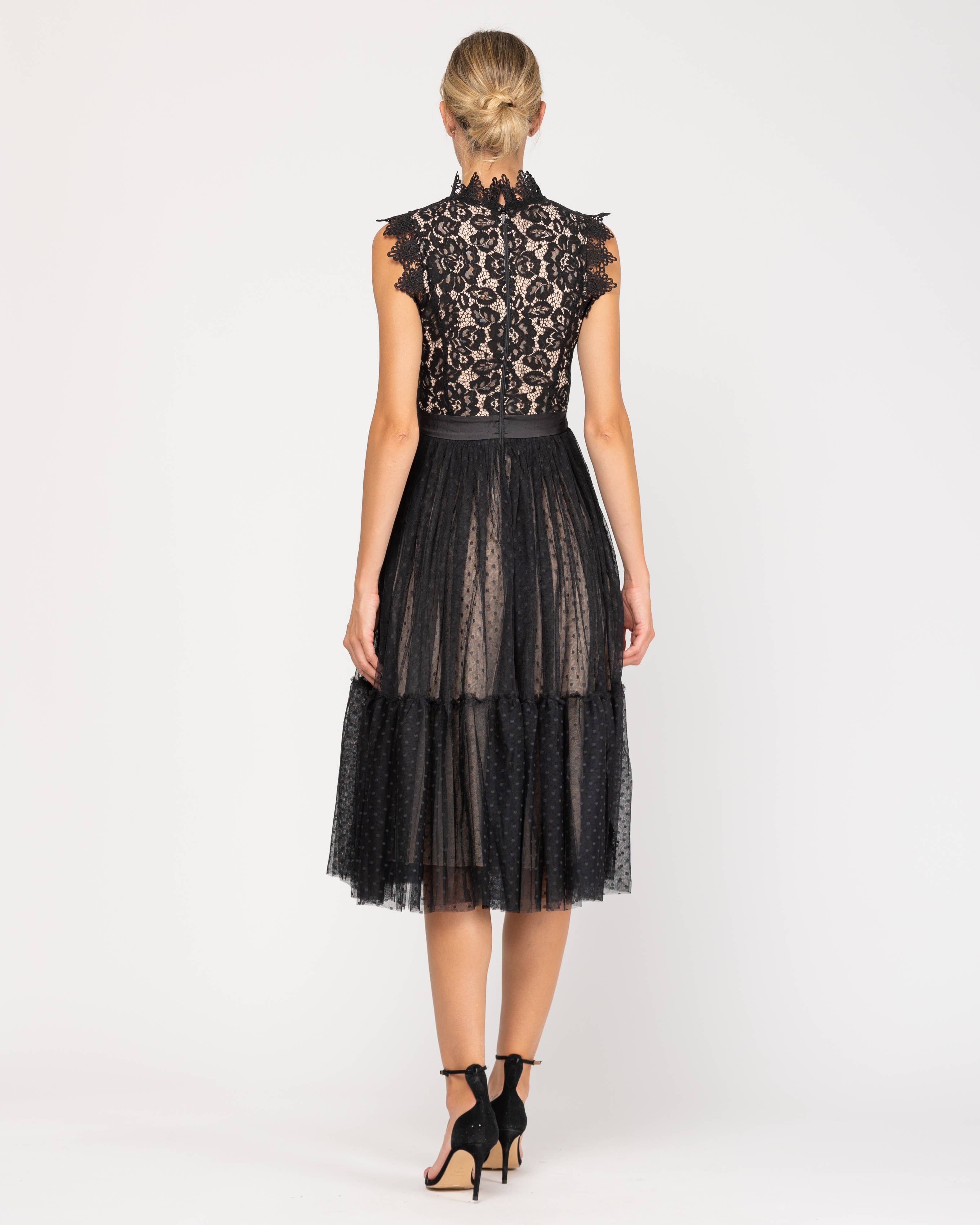 Women's Midi Lace Dress with Polka Tulle Skirt