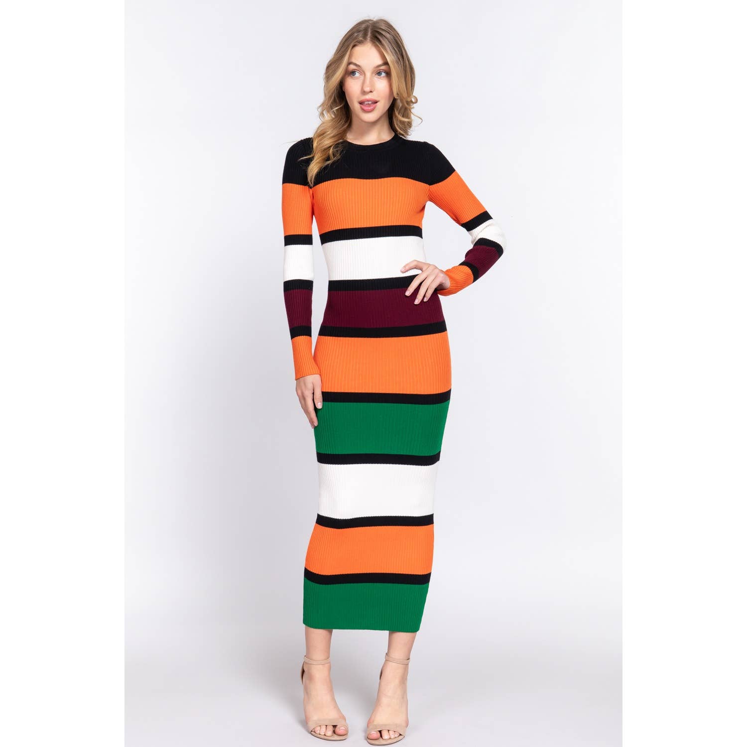 Women's Long Sleeve Midi Color Block Sweater Dress