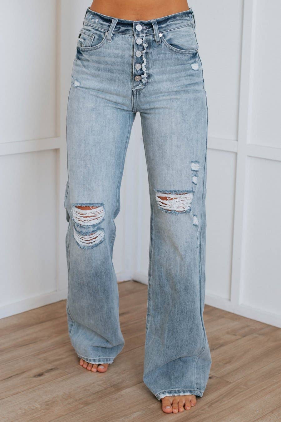 Women's Hiddenbrand Light colored straight tube mid waist ripped jeans - Miss Dressy 