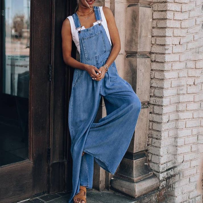 Wide Leg Denim Overalls main image 0