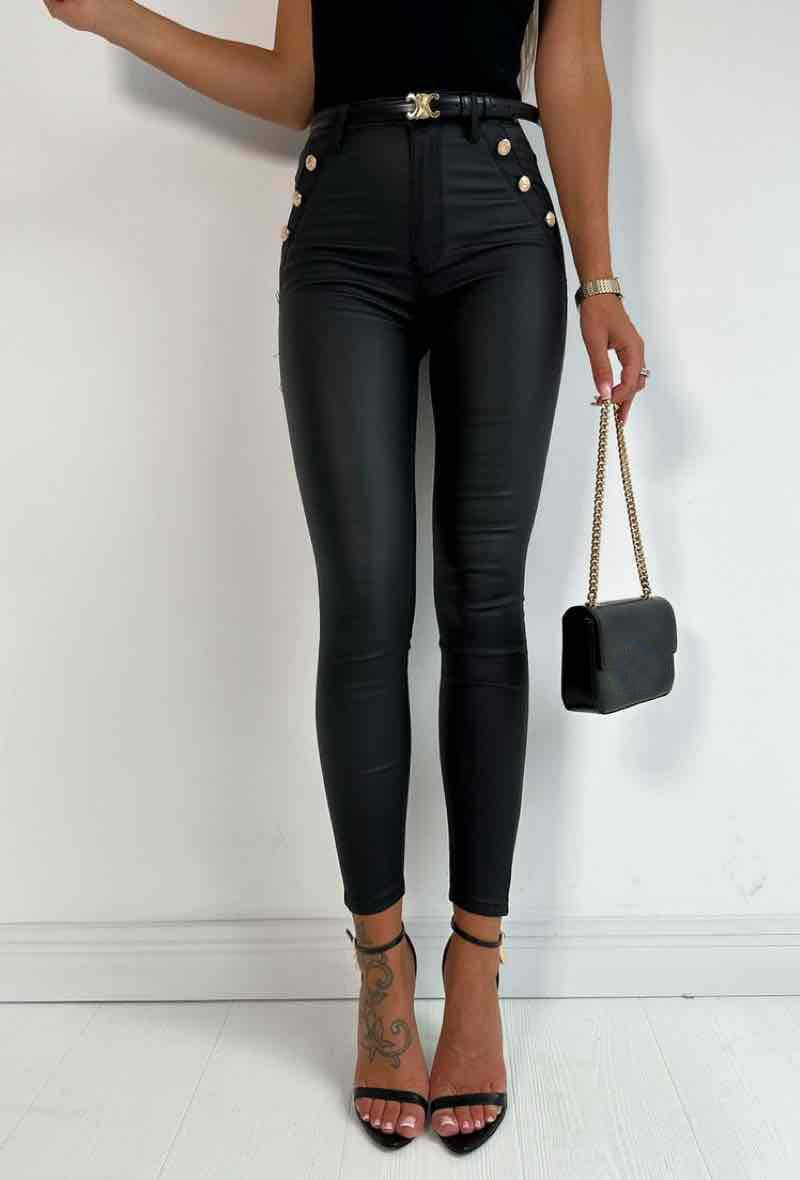 Women's Black High Waisted Pants With Gold Buttons