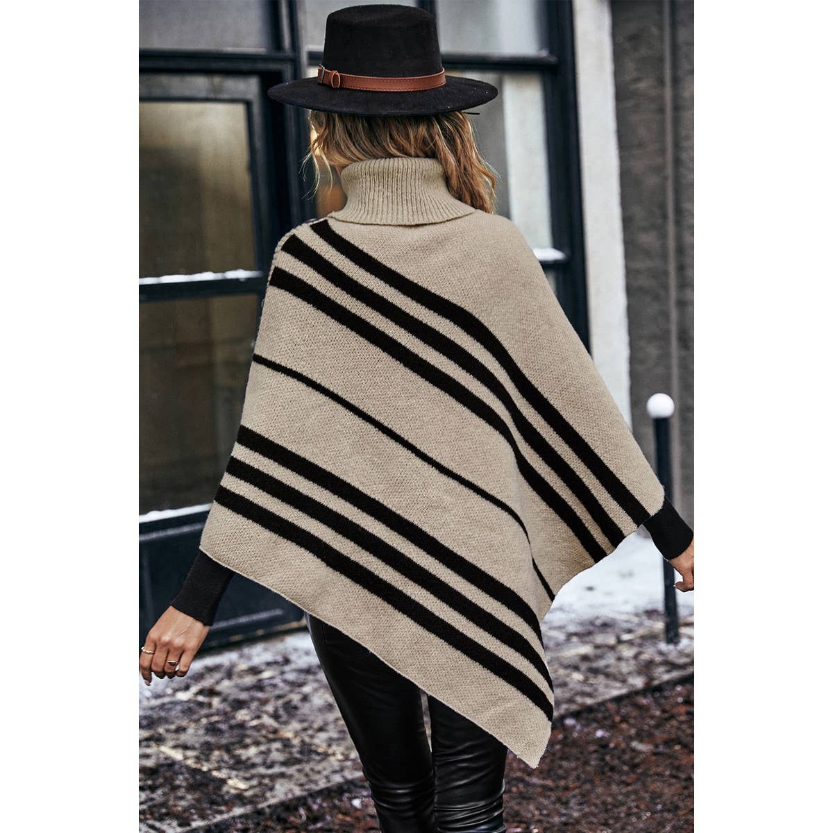 Women's Turtleneck Batwing Sleeve Asymmetrical Knit Poncho