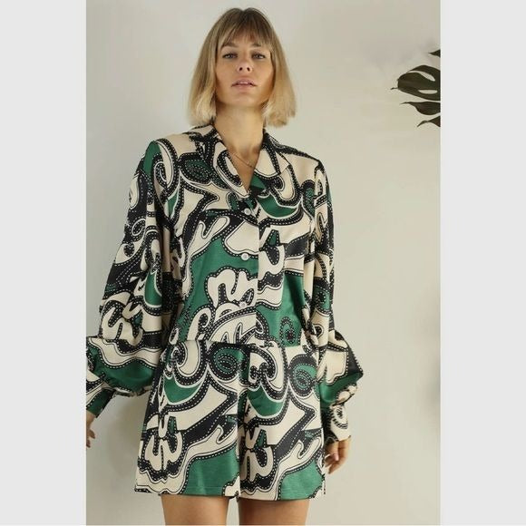 Women's Mulla Green Patterned Shirt & Short Set - Miss Dressy 