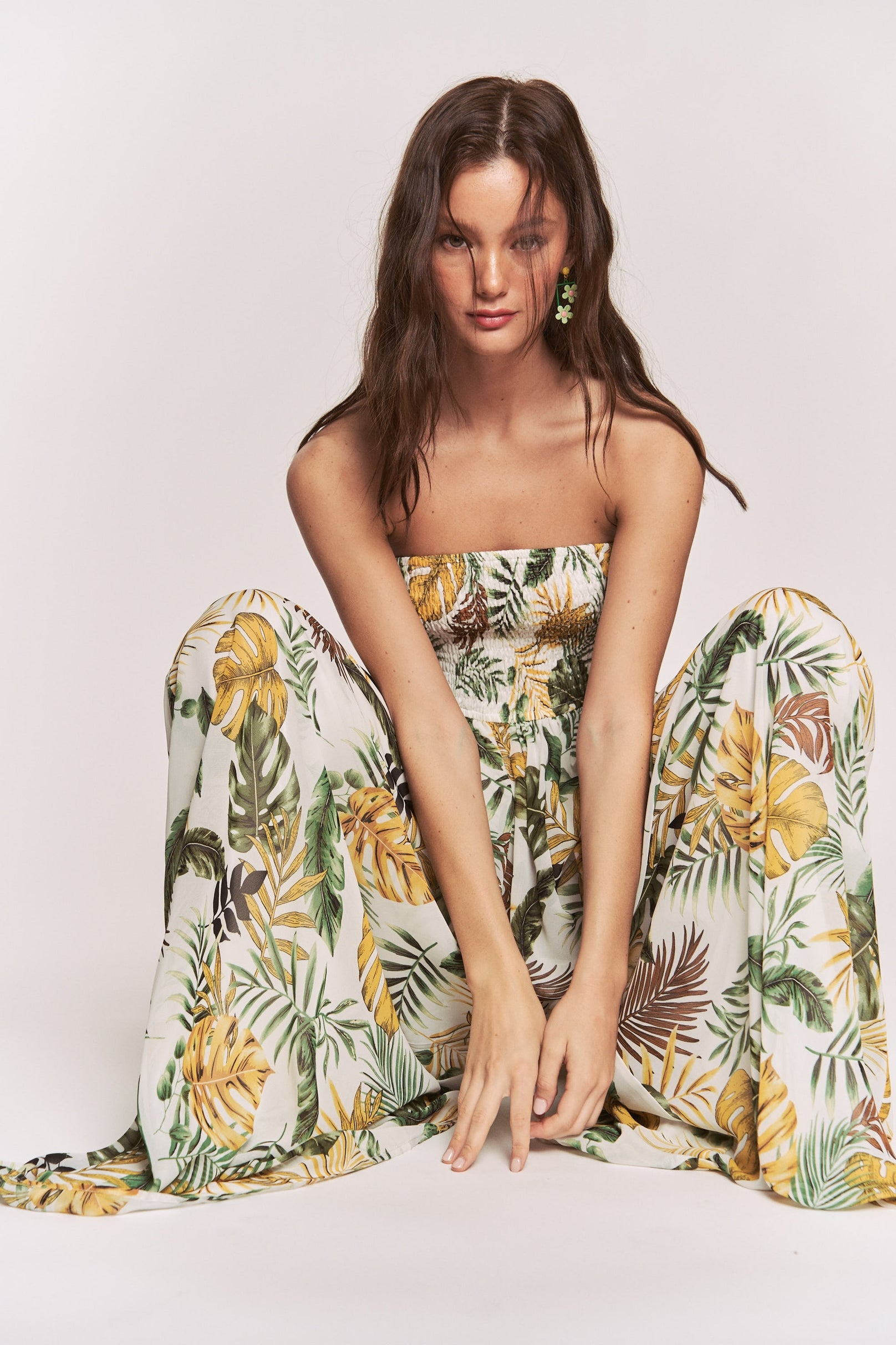 Women's Hers & Mine Leaf Print Smocked Tube Top Wide Leg Jumpsuit - Miss Dressy 