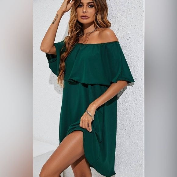 Women’s FS Collection Bardot frill off the shoulder mini dress in green - Miss Dressy 