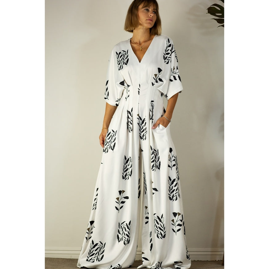 Women's Mulla Pleated Jumpsuit with Black Floral Print - Miss Dressy 