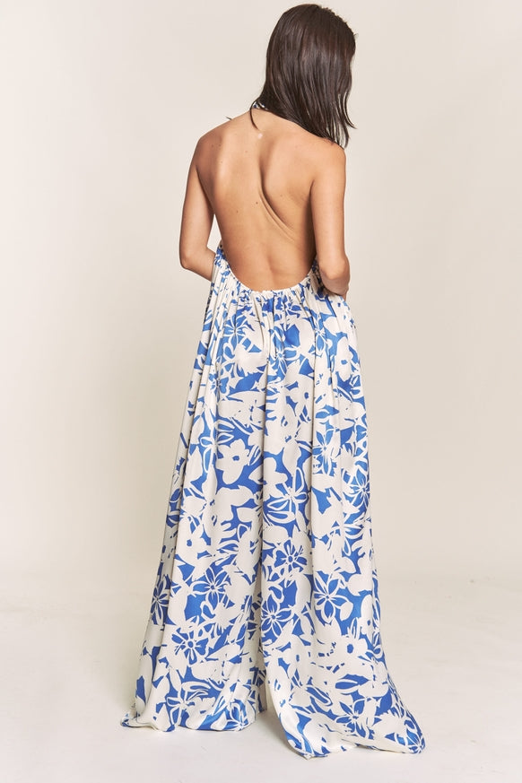 Women's Hers & Mine Butter Satin Pleated Halter Wide Leg Jumpsuit - Miss Dressy 