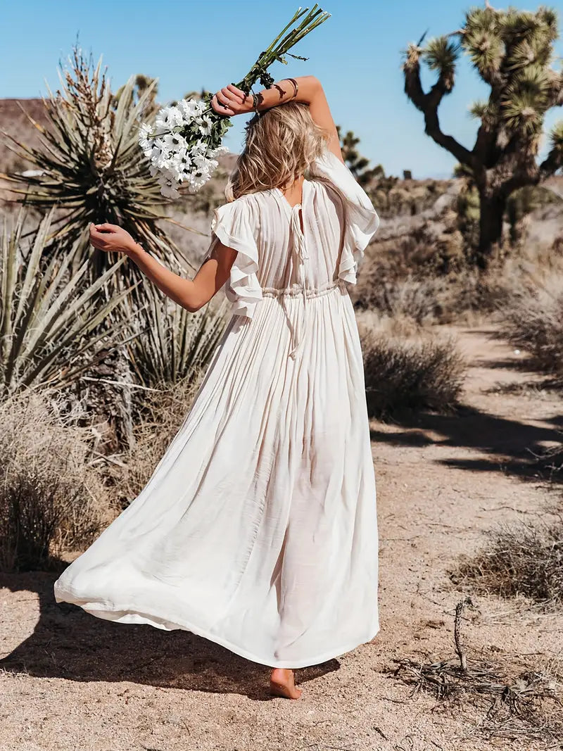 Women's Plunging Neckline Drawstring Cover Up Maxi Dress / Apricot Linen