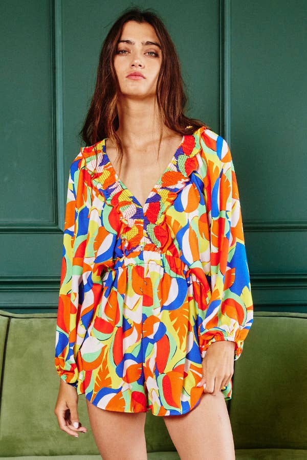 Women's Bucketlist Smocked V-Neck Ruffled Leaf Print Romper - Miss Dressy 