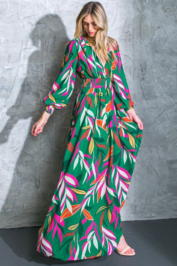 Women's Flying Tomato Leaf Print Woven Green Maxi Dress