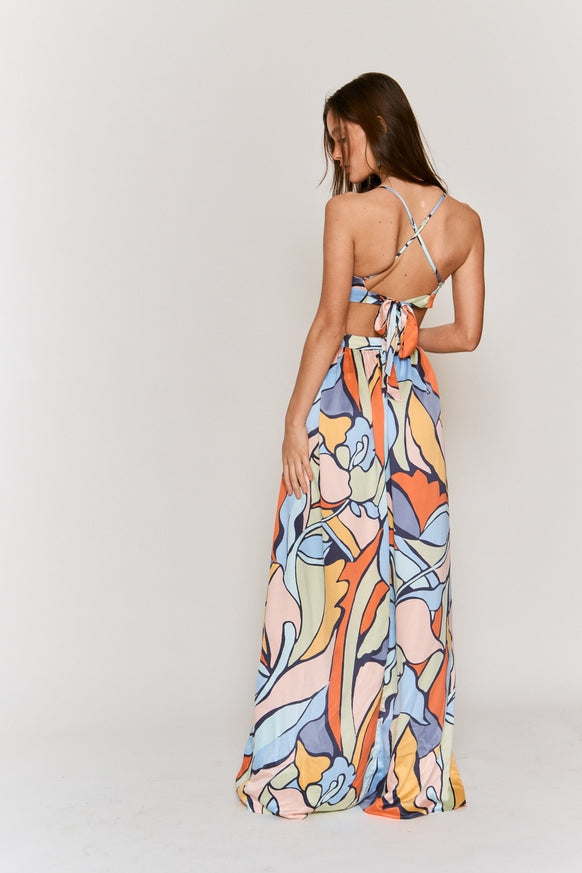 Women's Hers & Mine Abstract Print Cut Out Tie Back Maxi Dress - Miss Dressy 