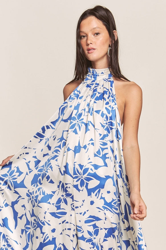 Women's Hers & Mine Butter Satin Pleated Halter Wide Leg Jumpsuit - Miss Dressy 