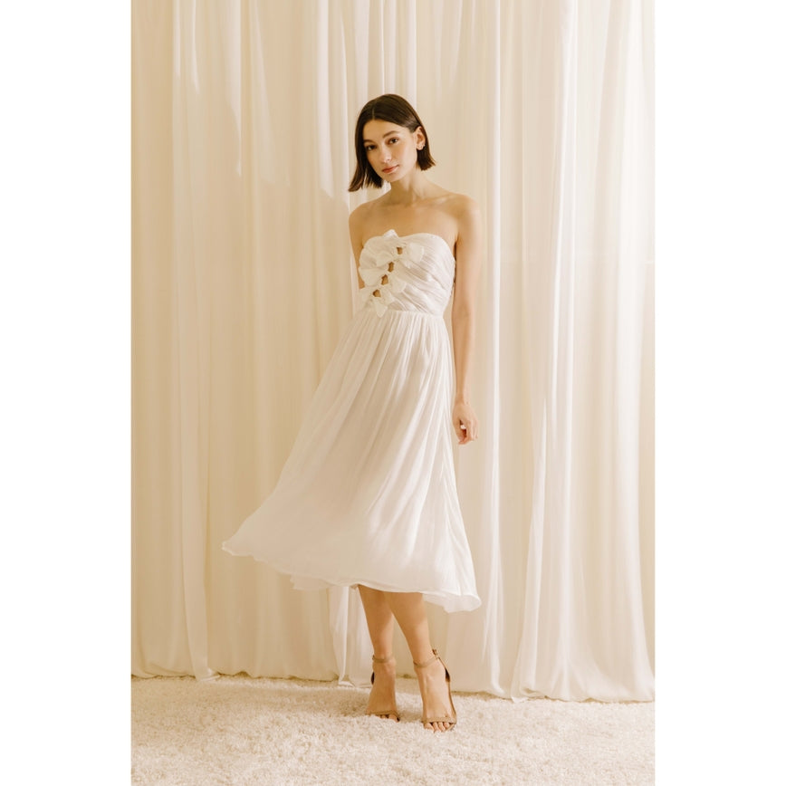 Women's Storia chiffon satin shiny sheen midi dress with bow.