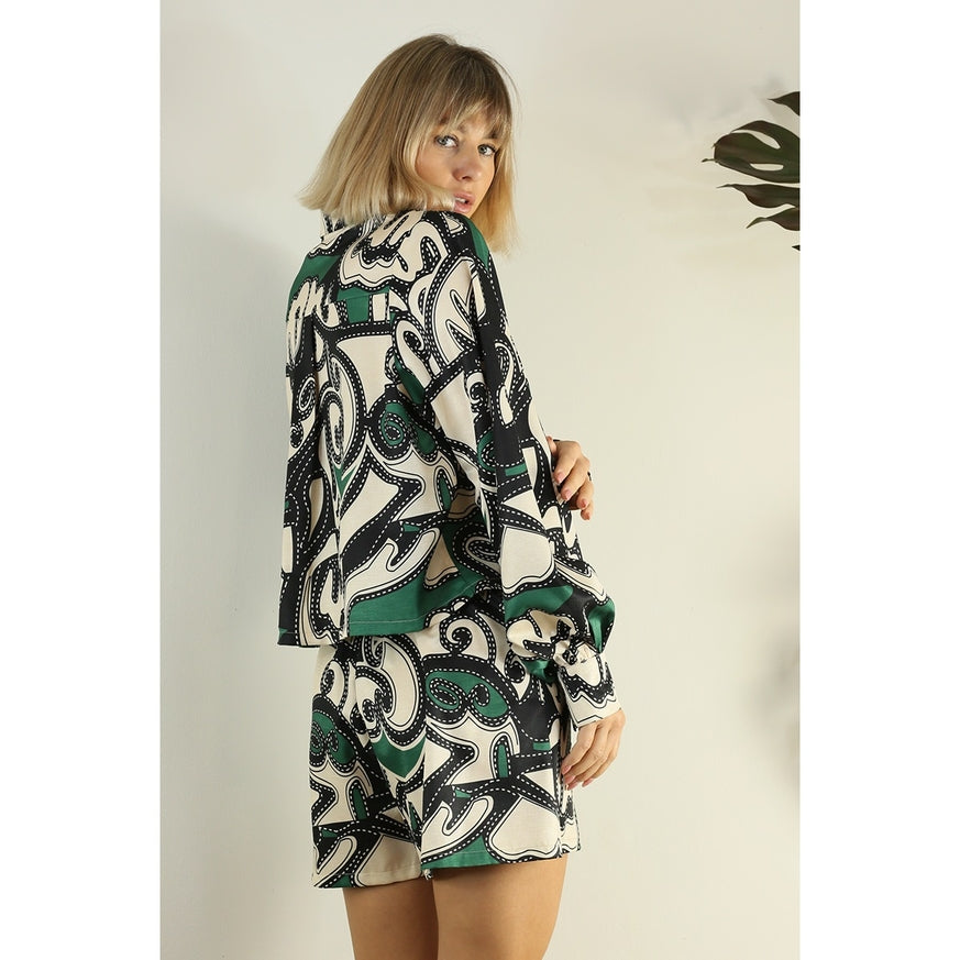 Women's Mulla Green Patterned Shirt & Short Set - Miss Dressy 