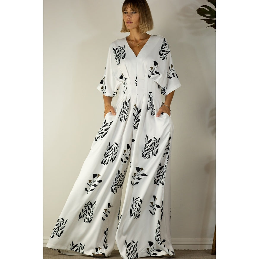 Women's Mulla Pleated Jumpsuit with Black Floral Print - Miss Dressy 