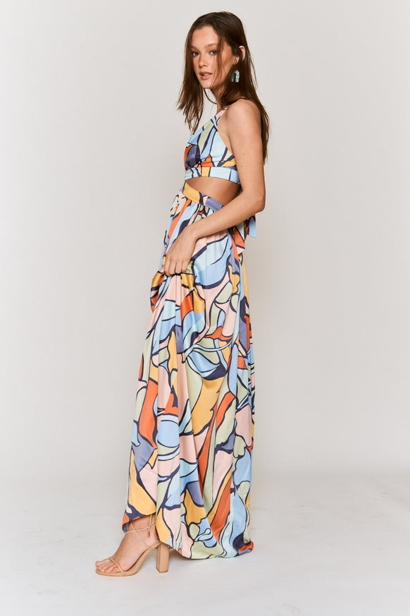 Women's Hers & Mine Abstract Print Cut Out Tie Back Maxi Dress - Miss Dressy 