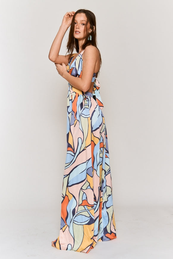 Women's Hers & Mine Abstract Print Cut Out Tie Back Maxi Dress - Miss Dressy 
