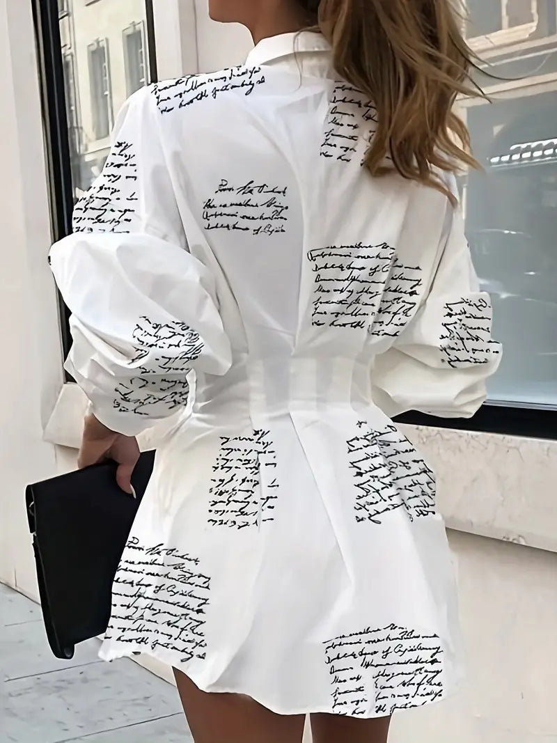 Women's Letter Print Button Down Collar Mini Dress / White