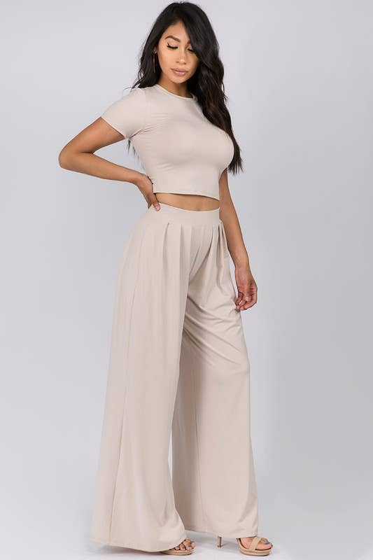 Women's Faith Apparel Crop Top & Wide Leg Palazzo Pants Set in Oatmeal - Miss Dressy 