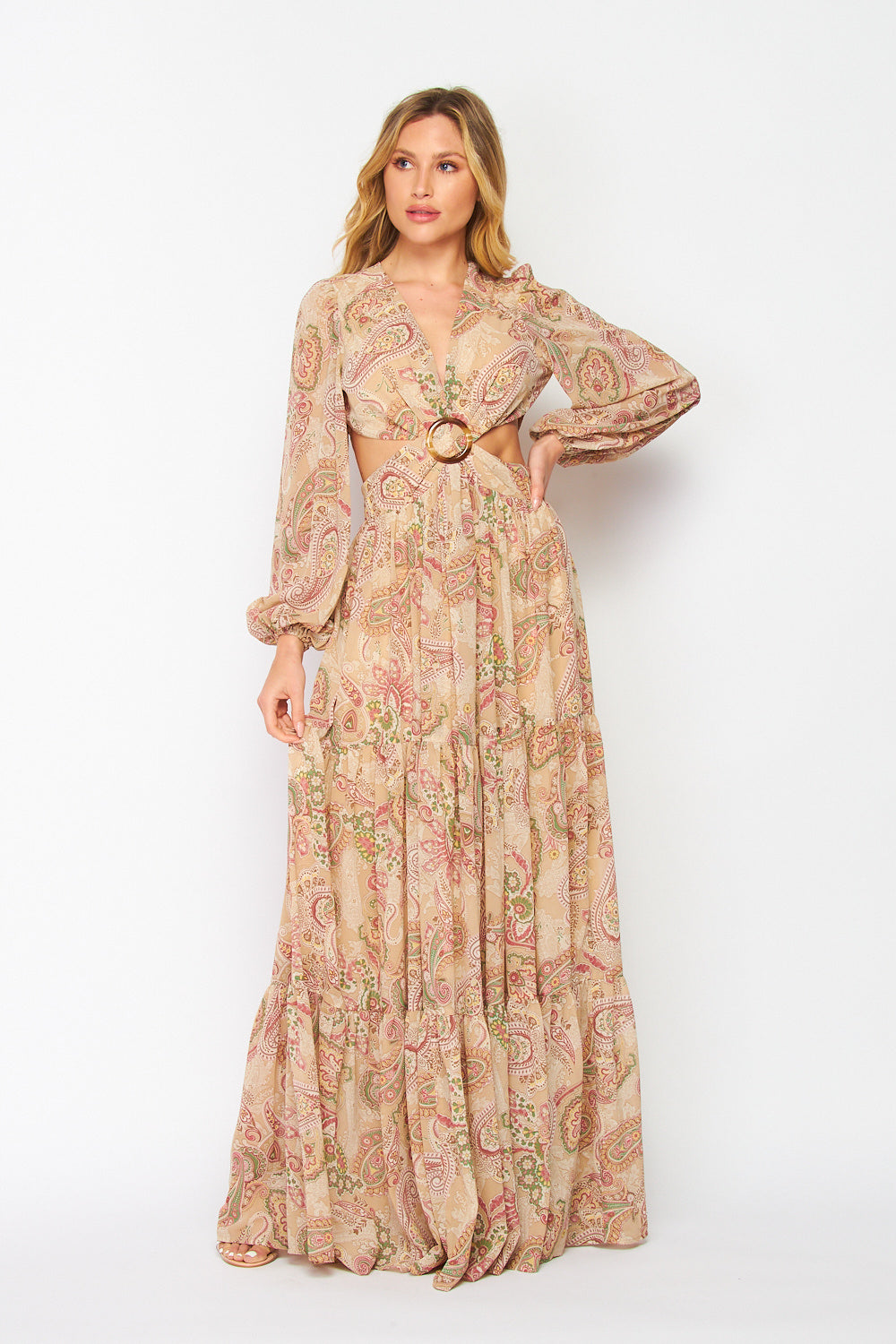 Women's Faith Apparel O-Ring Cut Out Taupe Paisley Print Maxi Dress - Miss Dressy 