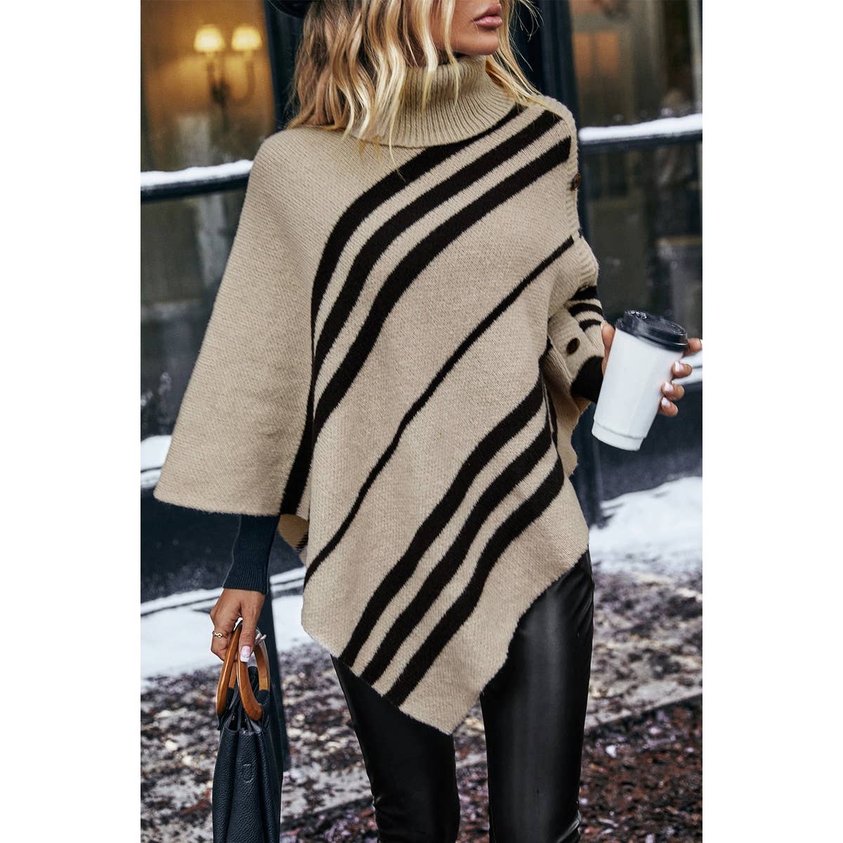 Women's Turtleneck Batwing Sleeve Asymmetrical Knit Poncho