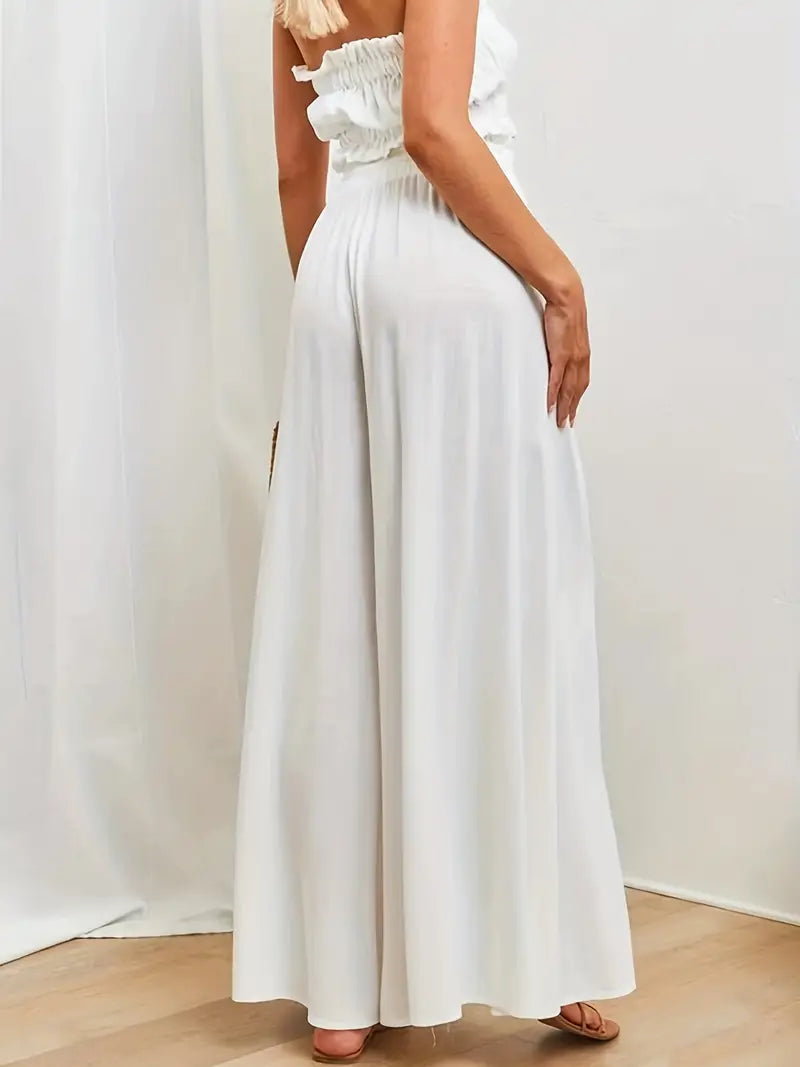 white flowy dress pants Liyamei Girls Summer Wide Leg Dress Pants Lightweight Palazzo Pants Flowy Lounge Trousers with Pocket Size White 4-5 Years, Infant Girl's