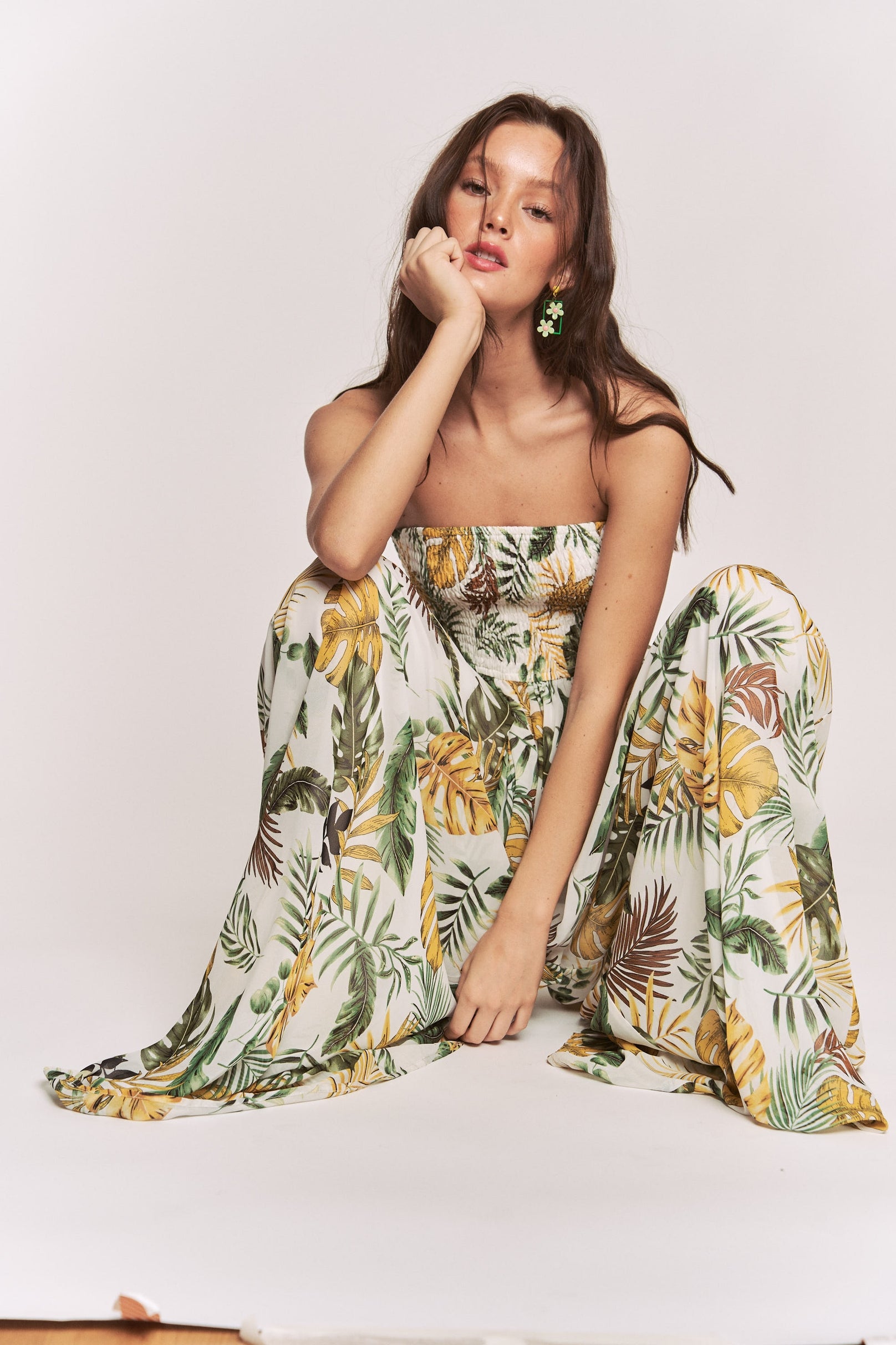 Women's Hers & Mine Leaf Print Smocked Tube Top Wide Leg Jumpsuit - Miss Dressy 