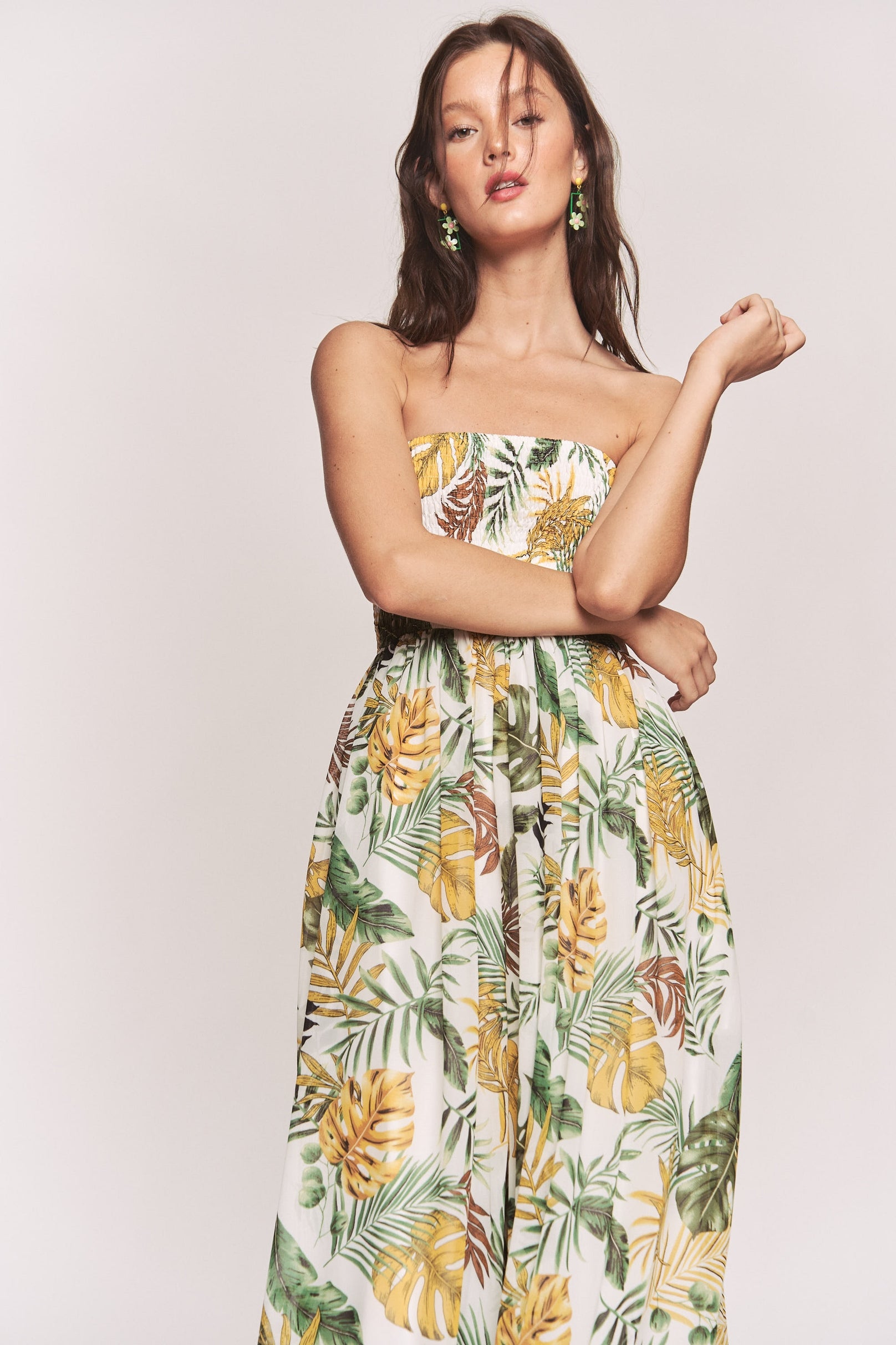 Women's Hers & Mine Leaf Print Smocked Tube Top Wide Leg Jumpsuit - Miss Dressy 