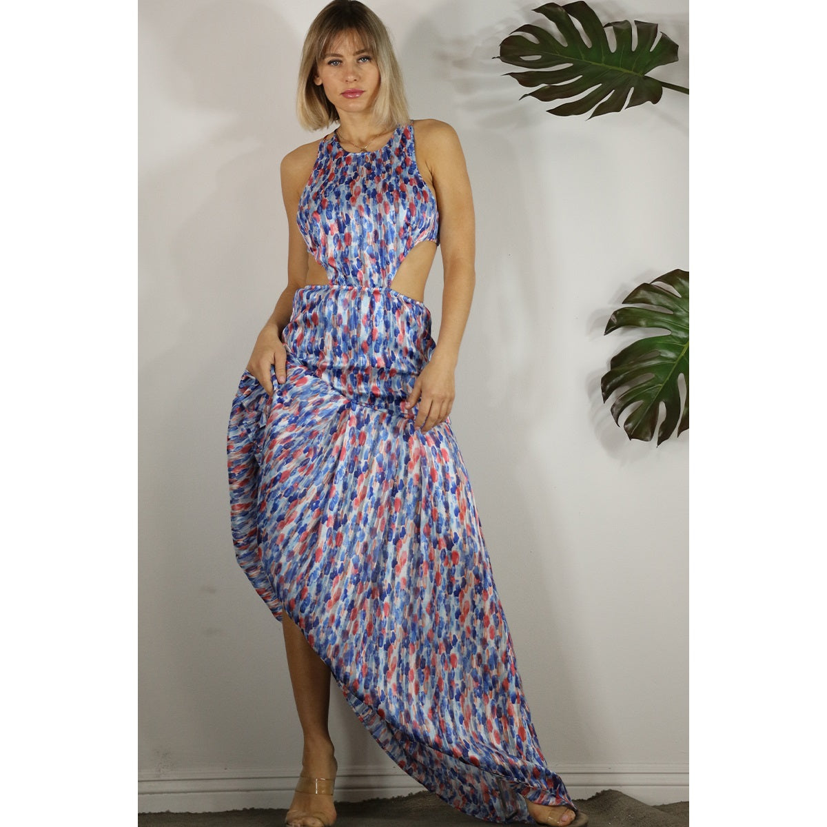 Women's Mulla Drop Print Back Open Maxi Dress in multi-blue pattern - Miss Dressy 
