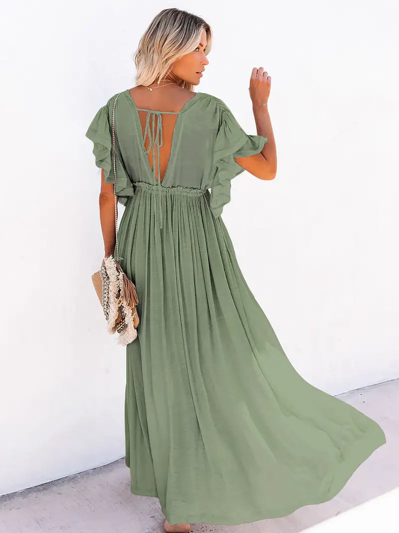 Women's Plunging Neckline Drawstring Cover Up Maxi Dress / Army Green