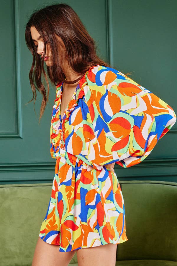 Women's Bucketlist Smocked V-Neck Ruffled Leaf Print Romper - Miss Dressy 