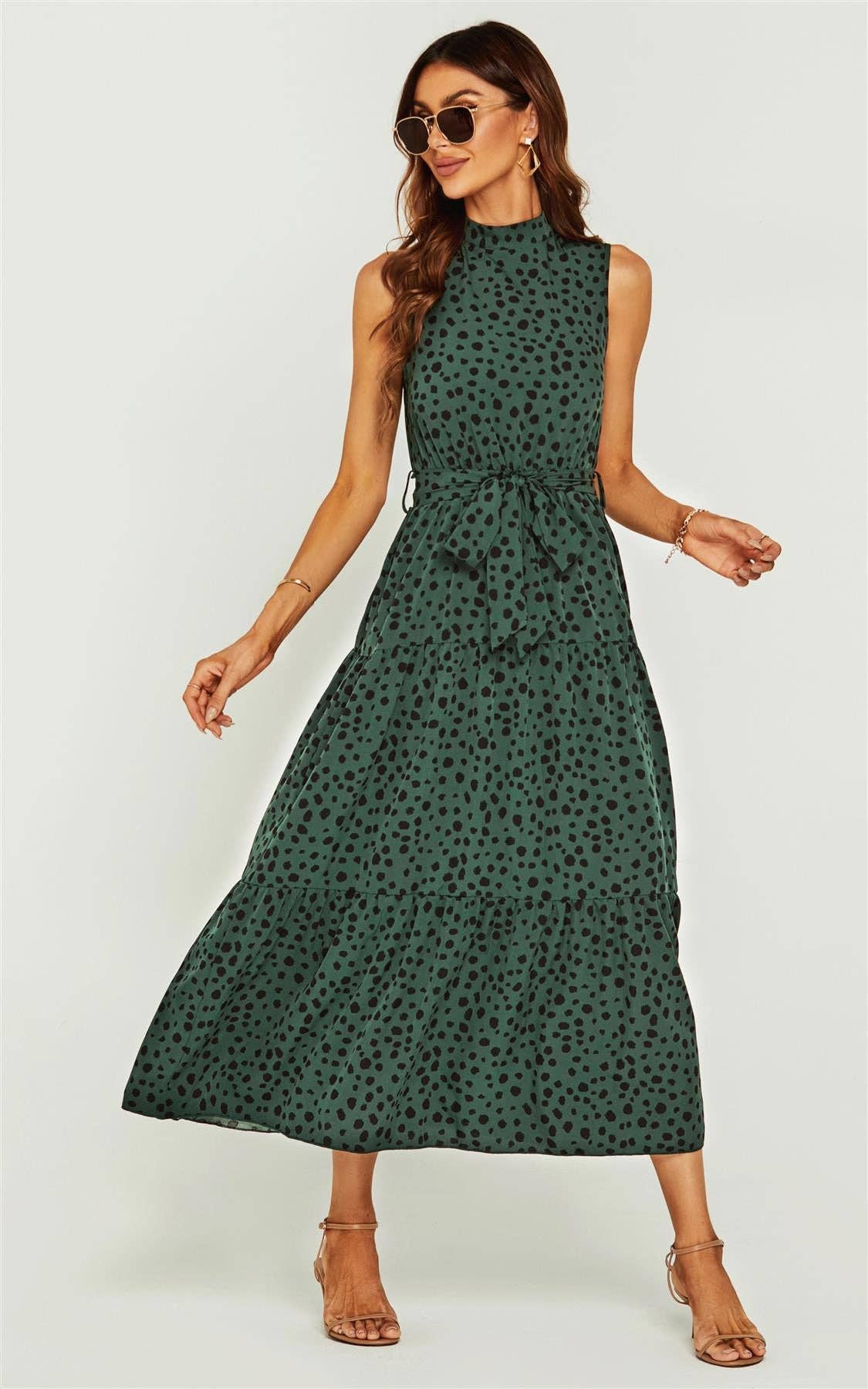 Women’s FS Collection Halter neck Maxi layer dress; green & black leopard print tie waist - Miss Dressy 