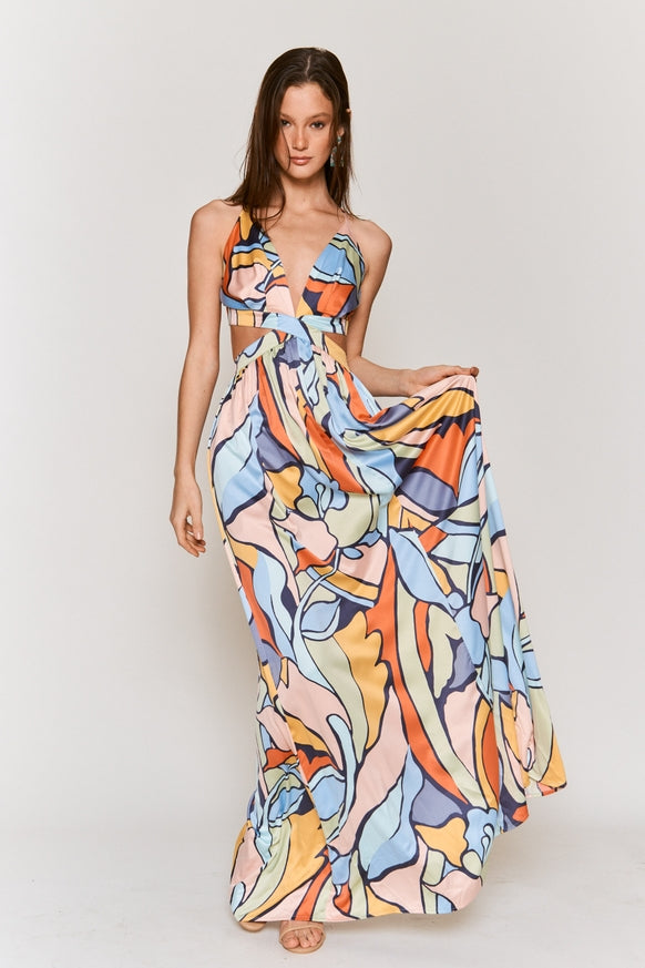 Women's Hers & Mine Abstract Print Cut Out Tie Back Maxi Dress - Miss Dressy 