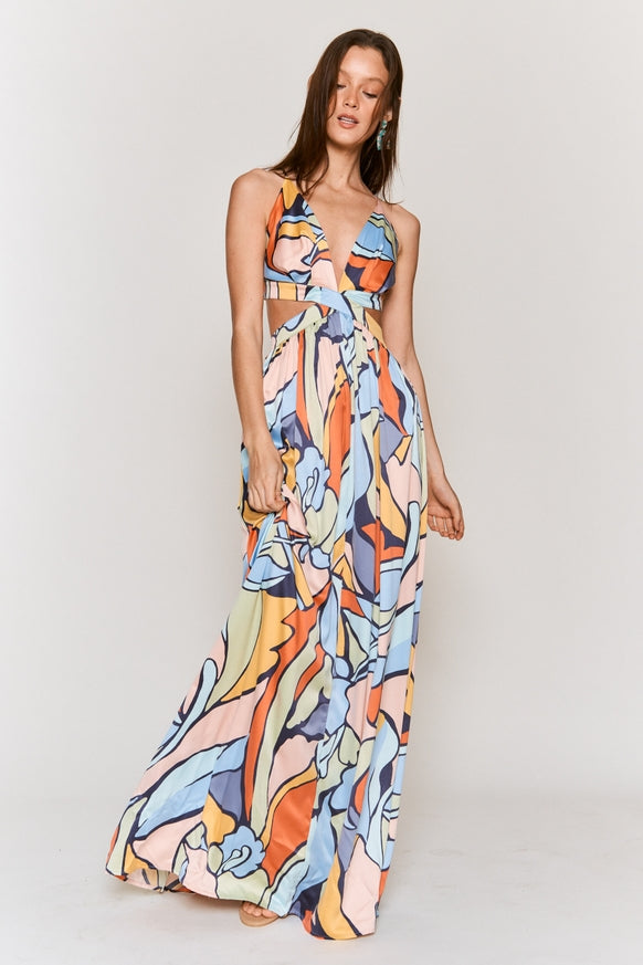 Women's Hers & Mine Abstract Print Cut Out Tie Back Maxi Dress - Miss Dressy 