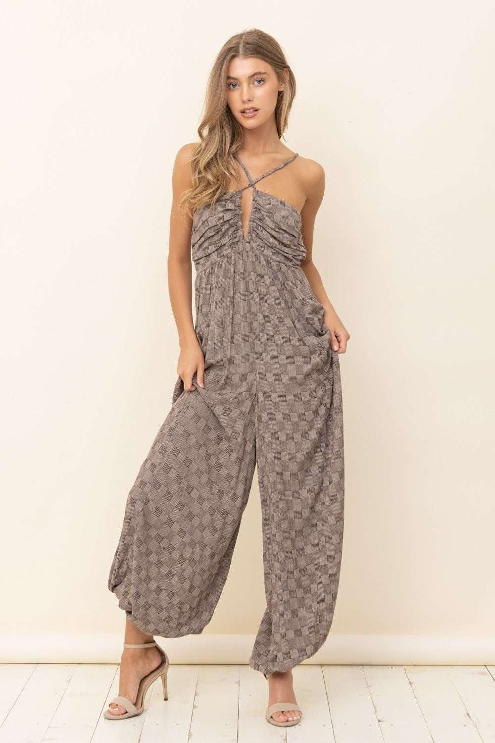 Women's In the Beginning Black Print Criss Cross Harem Jumpsuit