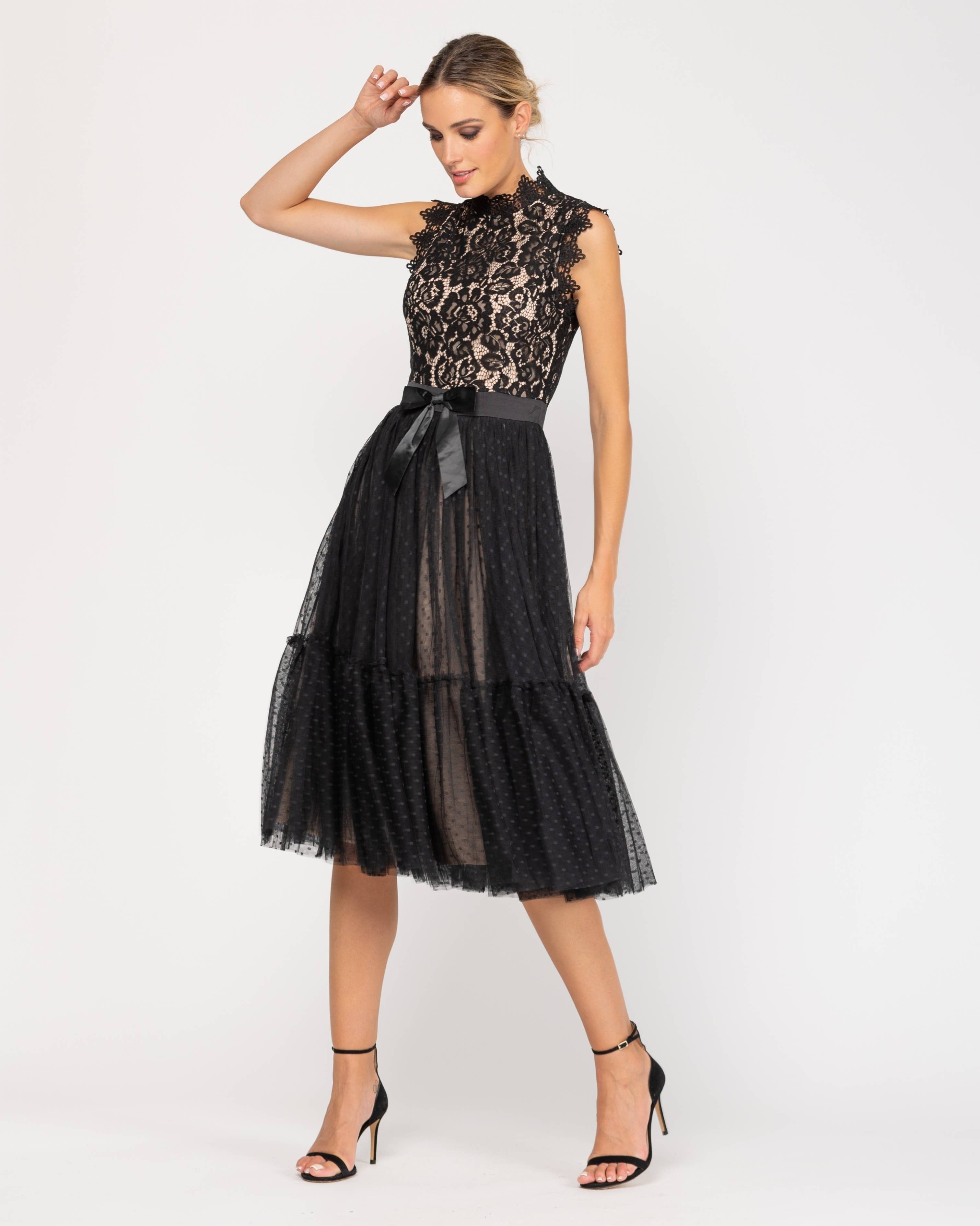 Women's Midi Lace Dress with Polka Tulle Skirt